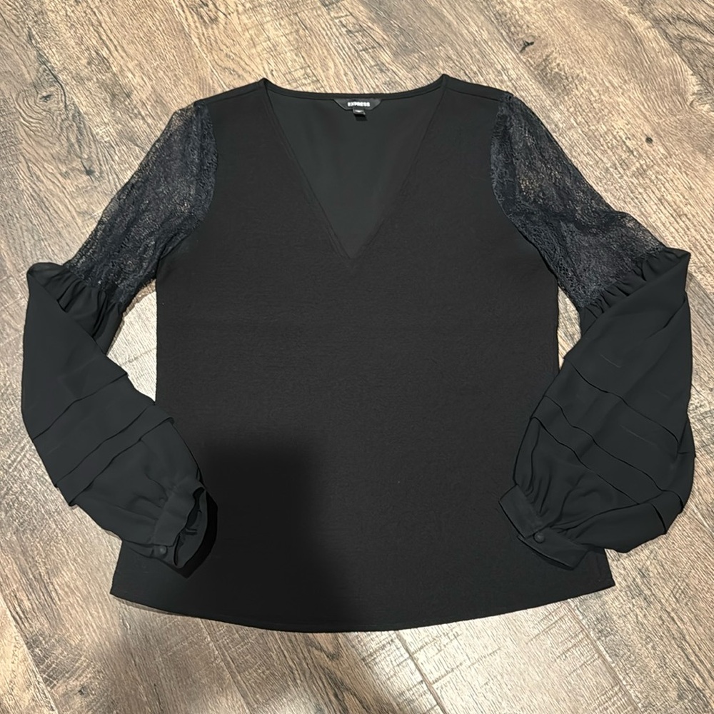 Express Black Blouse with Ruffle and Lace Sleeves